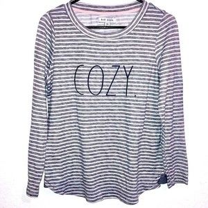Rae Dunn Grey White Striped “COZY” Long Sleeve Top Size Medium